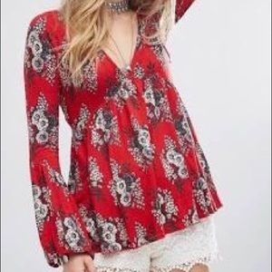 Free People Red Floral Bell Sleeve Top